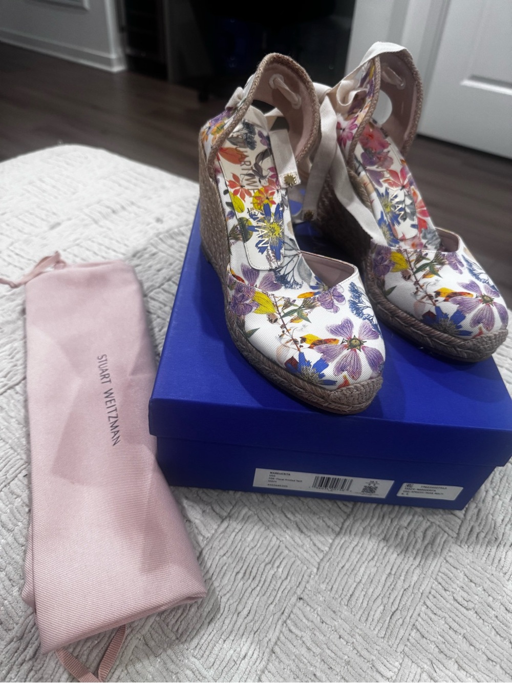 Stuart Weitzman White Floral Canvas Espadrille Wedges